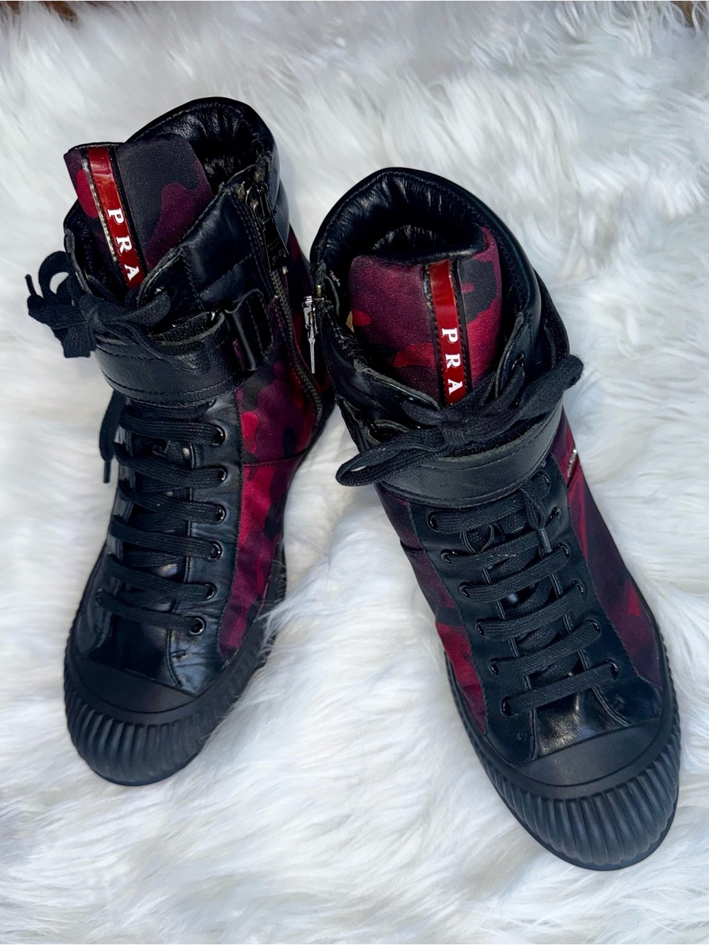 PRADA Women Black Leather Red Camo Textile Padded Collar Ankle Boots Sz 7.5 38 - Picture 4 of 17